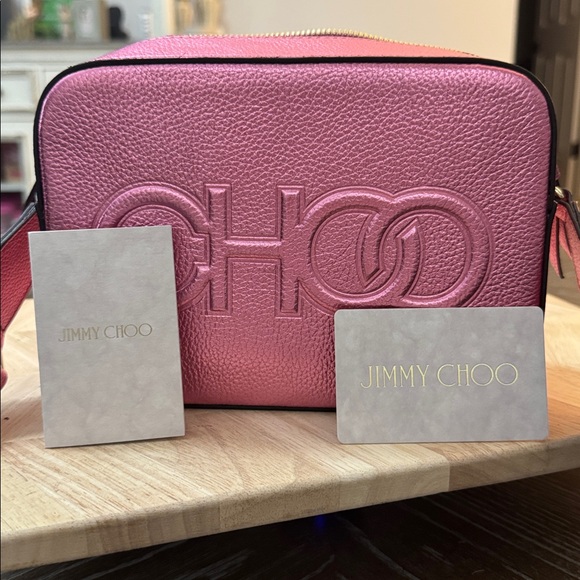 NWT Jimmy Choo Metallic Calfskin Logo Camera Bag in peony pink leather. - Picture 6 of 13